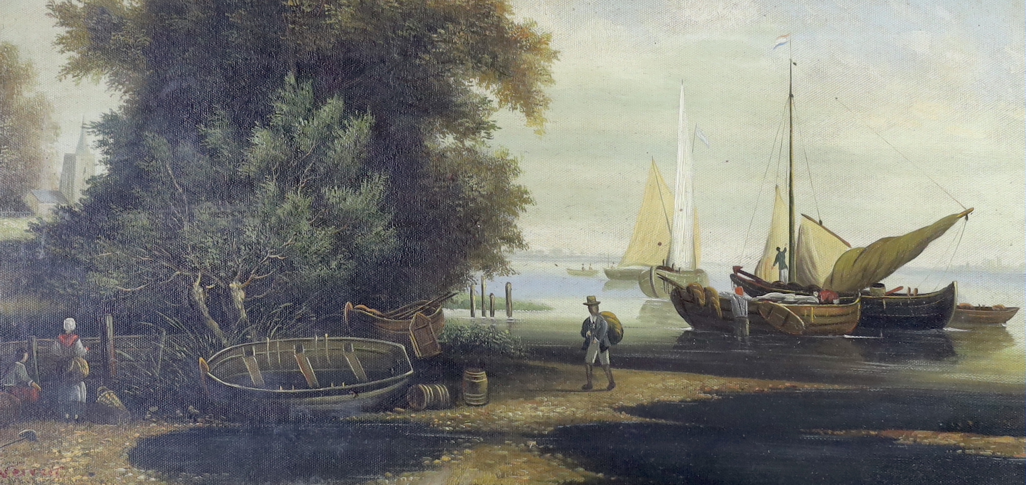 Manner of Salomon Verveer (Dutch 1813-1876), oil on canvas, Coastal landscape with fishing boats, 24 x 50cm